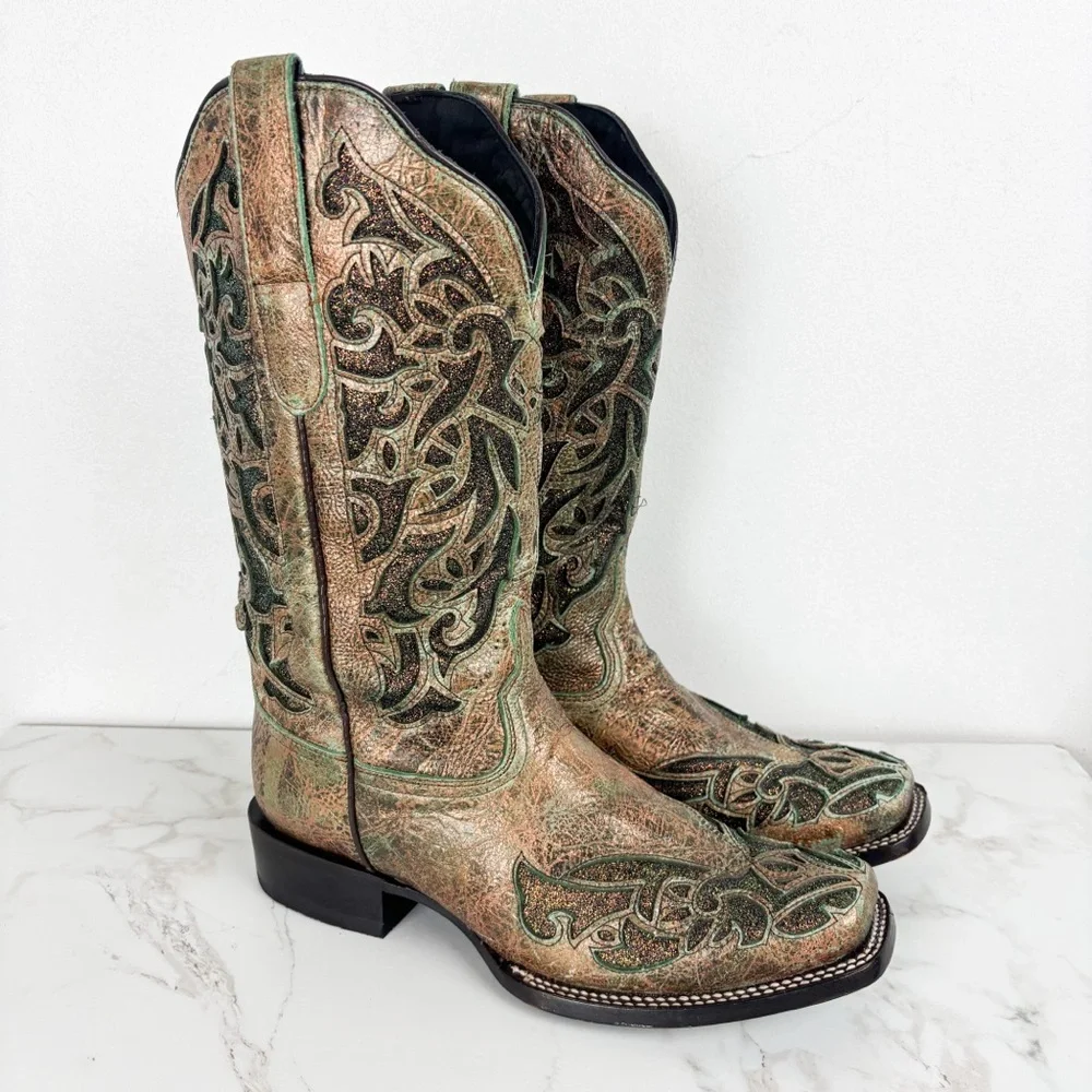 J.B. Dillon Green Bronze Metallic Glitter Cutout Cowboy Boots Sz 10C - Picture 2 of 13